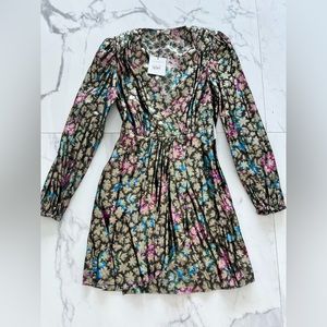 Sandro Lorena black gold metallic floral long sleeve draped dress 34